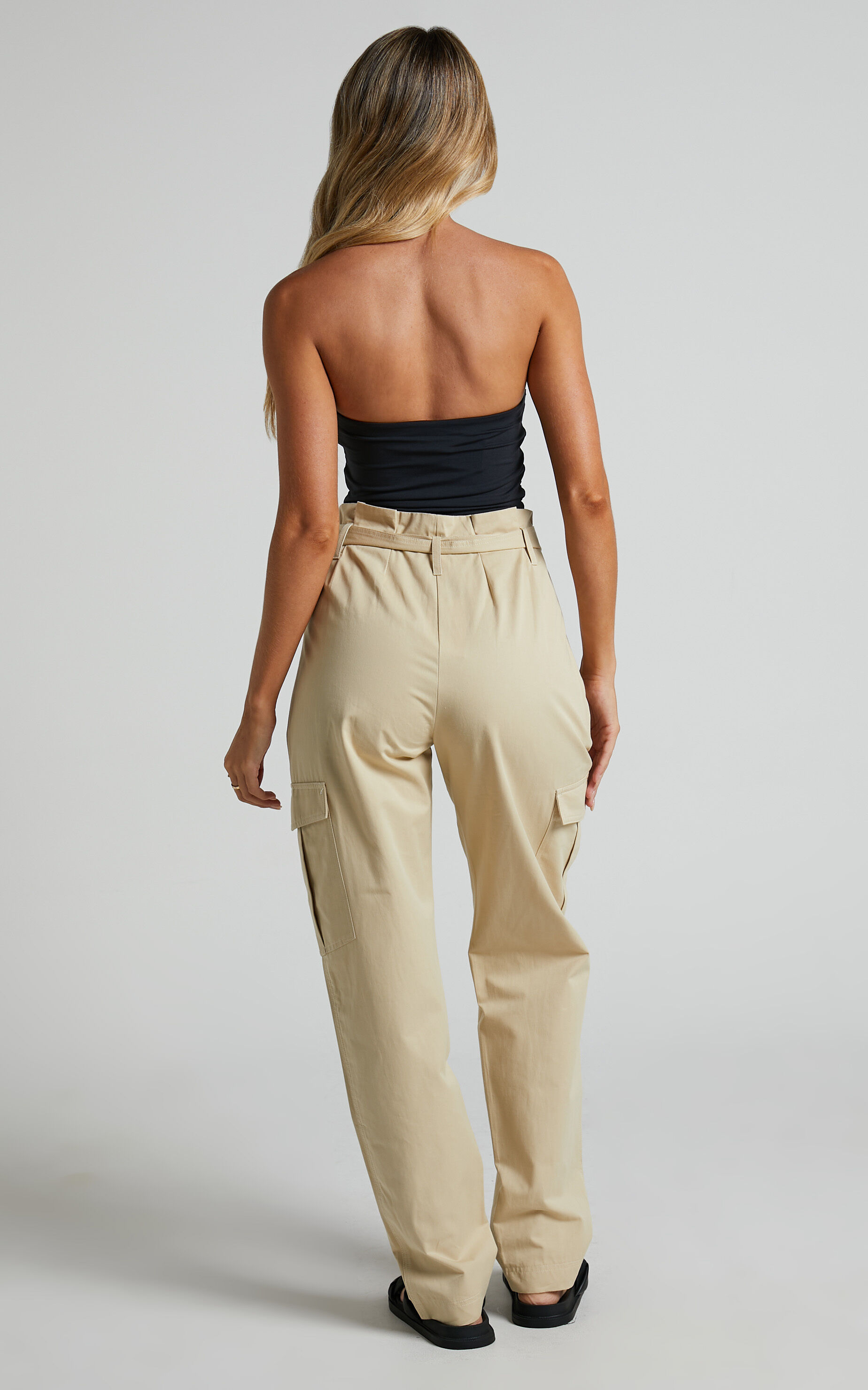 Chaslien Pants High Waisted Paper Bag Belted Cargo Pants in Camel Showpo EU