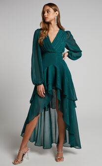Claudita Midi Dress - Long Sleeve High Low Hem Dress in Emerald