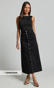 Alisa Midi Skirt - Button Through A Line Denim in Black Wash