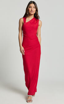 Lara Midi Dress - Asymmetrical Ruched Mesh Dress in Red