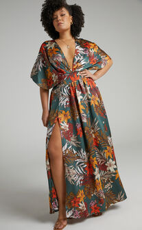 Vacay Ready Maxi Dress - Plunge Thigh Split Dress in Teal Floral Satin