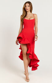 Maura Maxi Dress - Scoop Neckline Ruffle High Low Dress in Red | Showpo USA