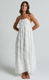 Claya Maxi Dress - Sleeveless Straight Neckline Floral Detail Dress in White Embroidery