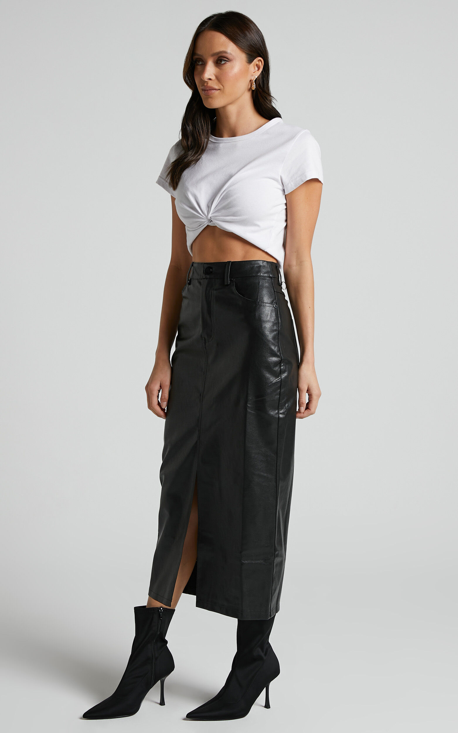 High waisted black leather midi skirt online
