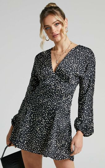 Eska Long Sleeve Godet Mini Dress in Black Spot