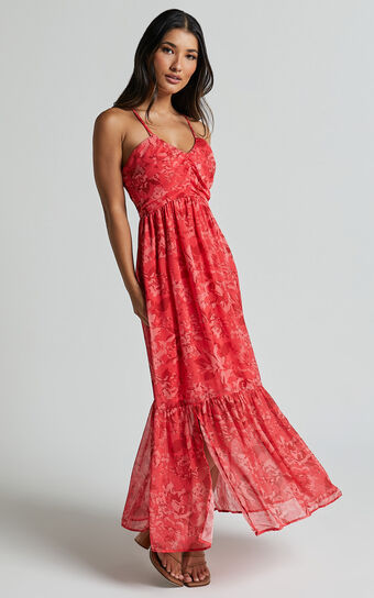 Antoinette Maxi Linen Blend Dress - Strappy V Neck Ruched Bust A Line Dress in Red Print