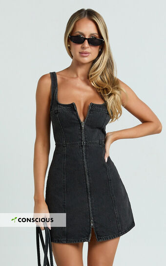 Chrysoula Mini Dress - Square Neck Zip Front Sleeveless Bodycon Denim in Washed Black