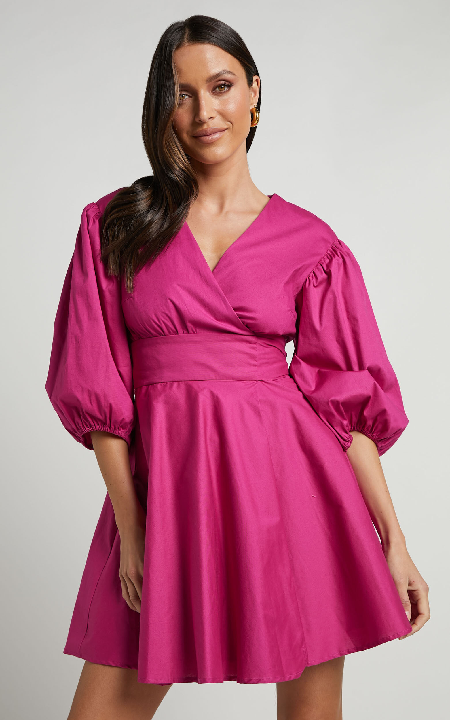 Zyla Mini Dress - Puff Sleeve Wrap Dress in Berry - 04, PNK5