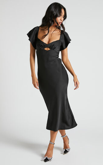 Emberlynn Midi Dress - Flutter Sleeve Cut Out Satin Dress in Black