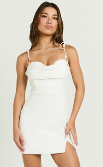 Stacey Mini Dress - Tie Shoulder Sweetheart Fitted Dress in Off White
