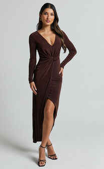 Janina Midi Dress - Plunge Long Sleeve Twist Wrap Asymmetric Dress in Chocolate