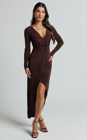 Janina Midi Dress - Plunge Long Sleeve Twist Wrap Asymmetric Dress in Chocolate