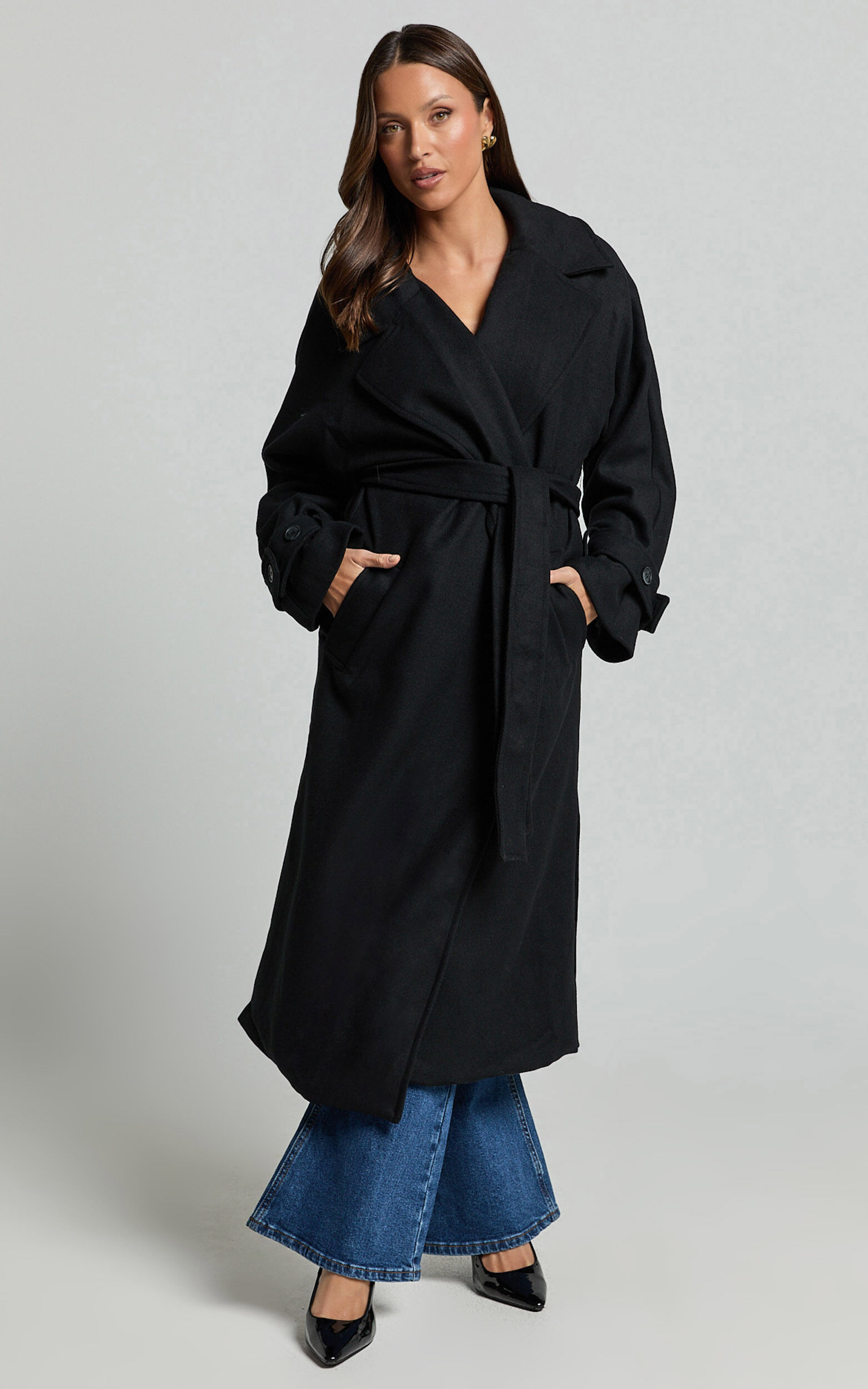 Mella Coat Belted Longline Coat in Black Showpo USA