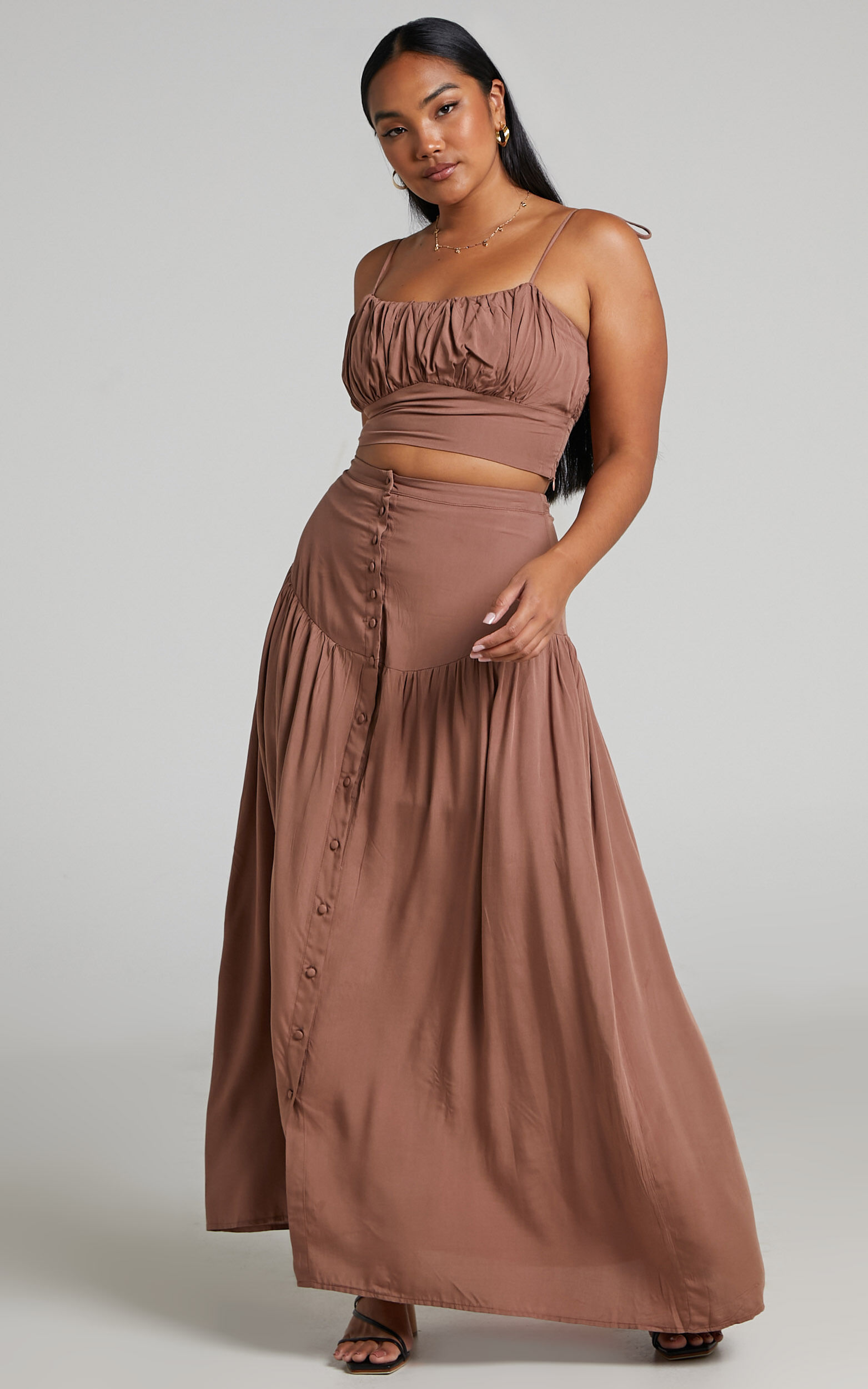 Knoxlee Drop Waist Maxi Skirt in Brown Showpo NZ