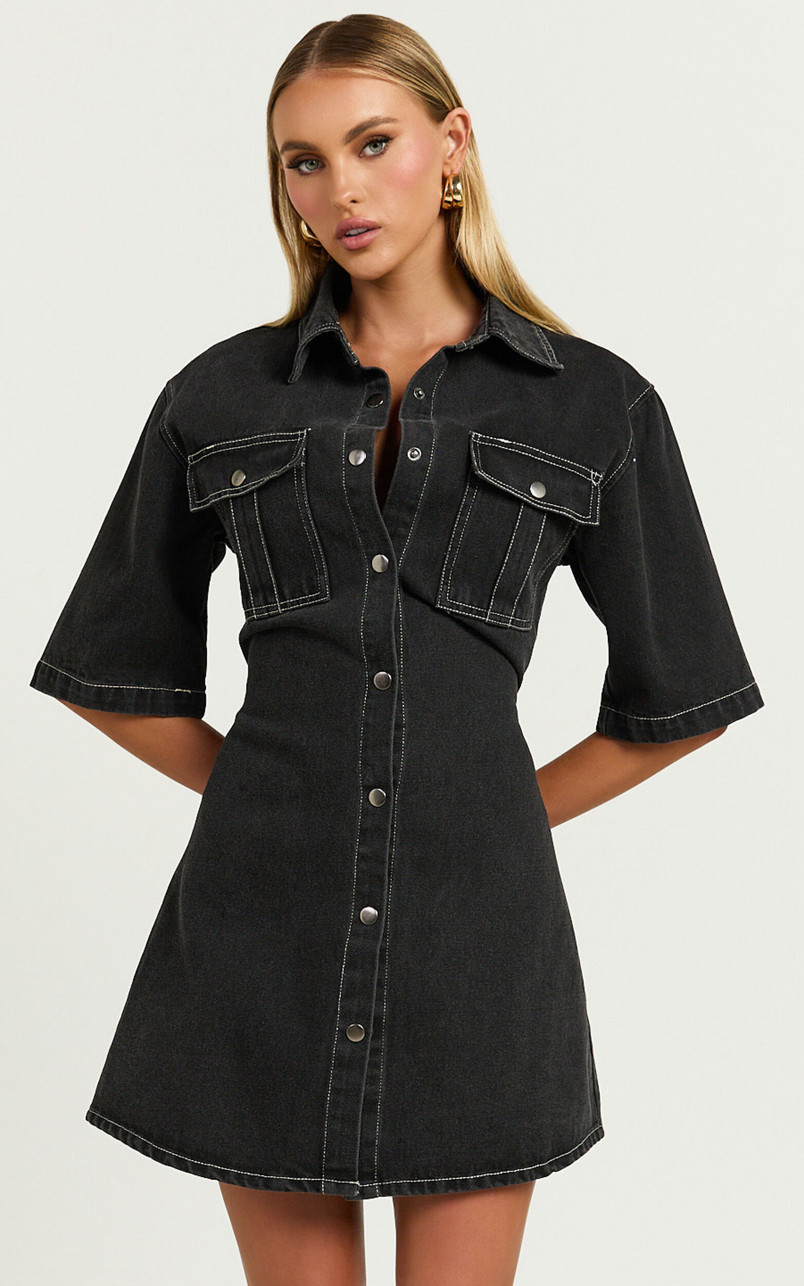 Leilani Mini Dress - Denim Short Sleeve Button Up Dress in Washed Black ...