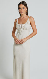 Lucas Midi Dress - Ruched Bust Linen Look Dress in Natural