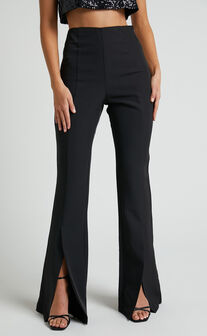 Volta Pants - Front High Waisted Split Boot Leg Kick Out Pants in Black