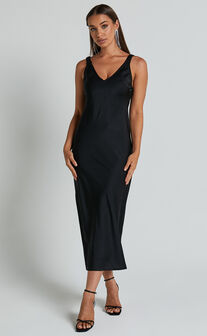 Agnia Midi Dress - Plunge Neck Elasticated Back Strap Detail Satin Slip Dress in Black