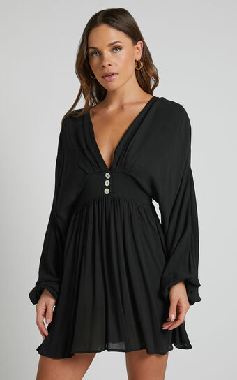 Piper Mini Dress - Long Sleeve Button Front Dress in Black