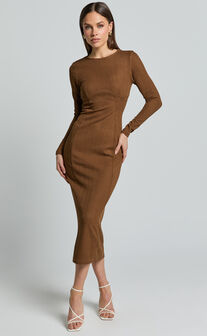 Divina Midi Dress - Long Sleeve A Line Knit Dress in Brown