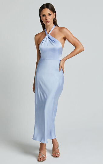 Marcie Midi Dress - Knot Detail Halter Satin Bias Cut Dress in Light Blue