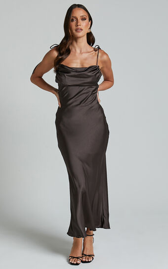 Amelia Midi Dress - Cowl Neck Bias Cut Satin Dress in Espresso