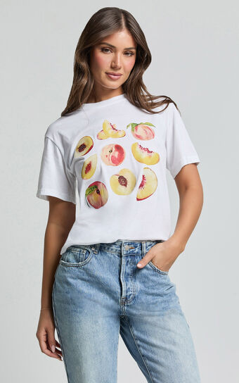 Ayah Shirt - Peach Print Crew Neck Oversized T Shirt in White