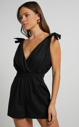 Nayamae Playsuit - Plunge Neck Tie Strap Playsuit in Black