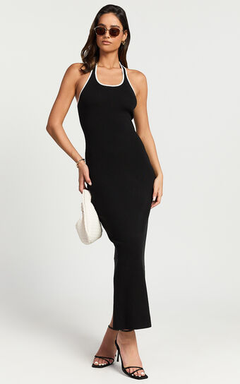 Vinny Midi Dress - Scoop Neck Bodycon Dress in Black