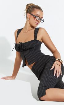 Susannah Top - Ruched Square Neck Bustier Top in Black Stripe
