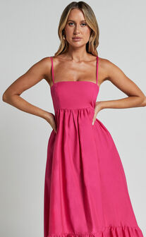 Aveiro Midi Dress - Straight Neck Shoulder Tie High Low Ruffle Hem in Raspberry