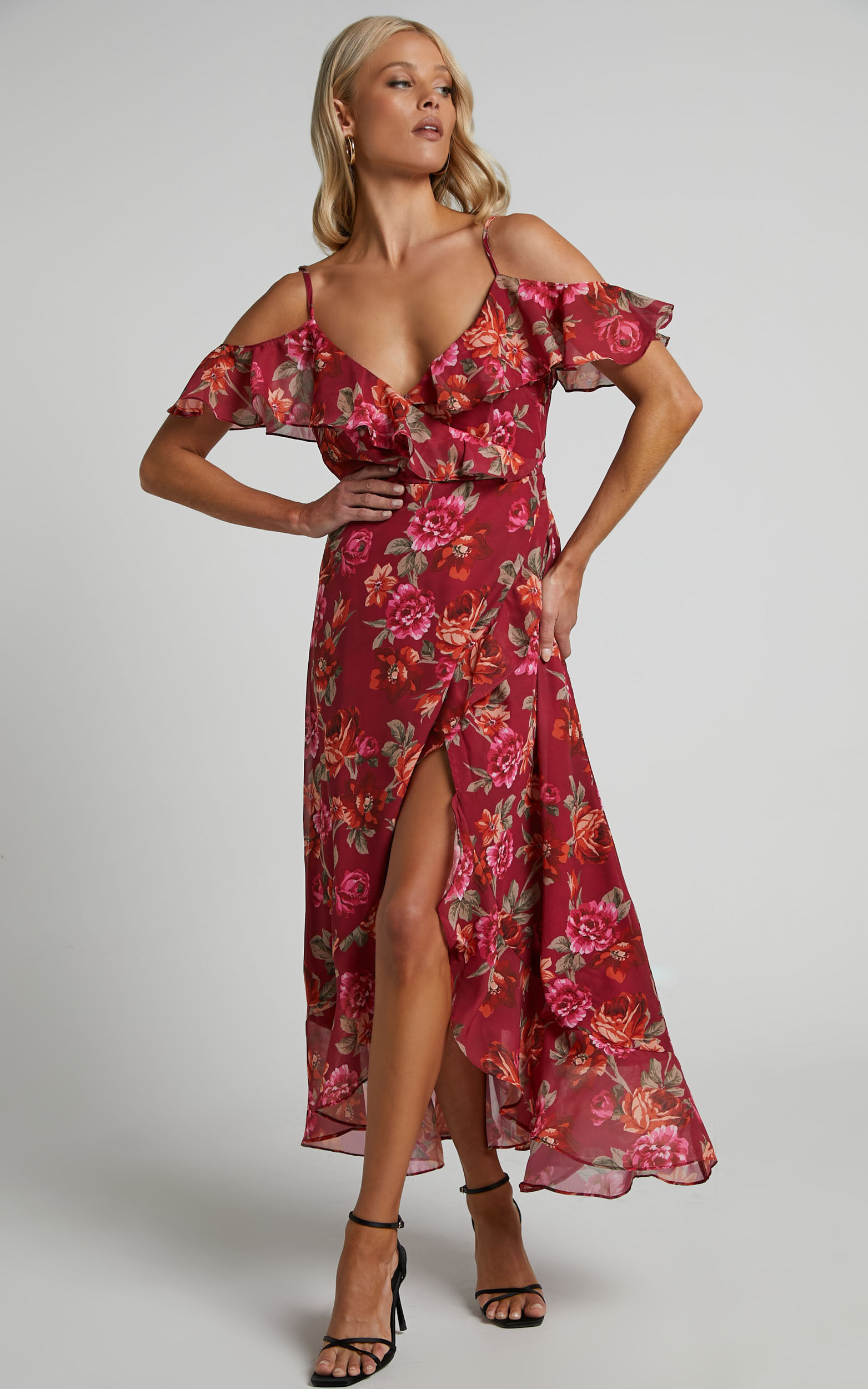 Ruffle cold shoulder best sale high low midi
