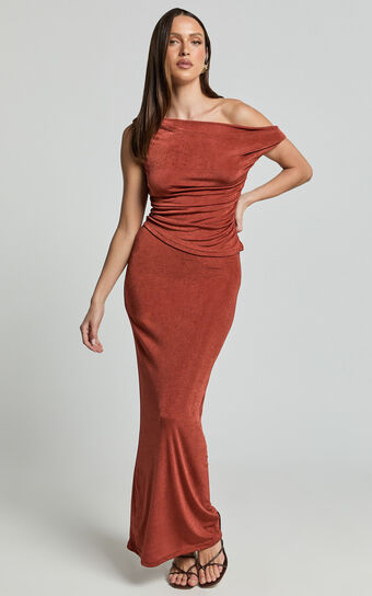 Andre Two Piece Set - One Shoulder Asymmetric Top and Gathered Maxi Skirt Set in Burnt Orange