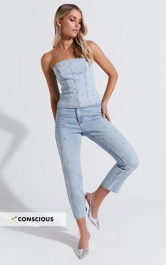 Karter Jeans - High Waisted Rhinestone Straight Leg Denim Jeans in Light Blue Wash