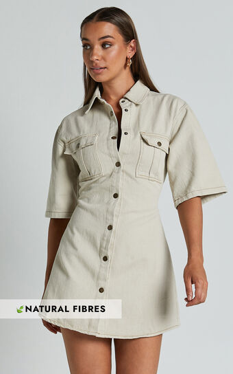 Leilani Mini Dress Denim Short Sleeve Button Up in Natural No Brand Sale