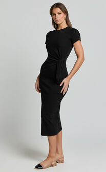 Penny Midi Dress - Short Sleeve Side Tie Jersey Dress in Black