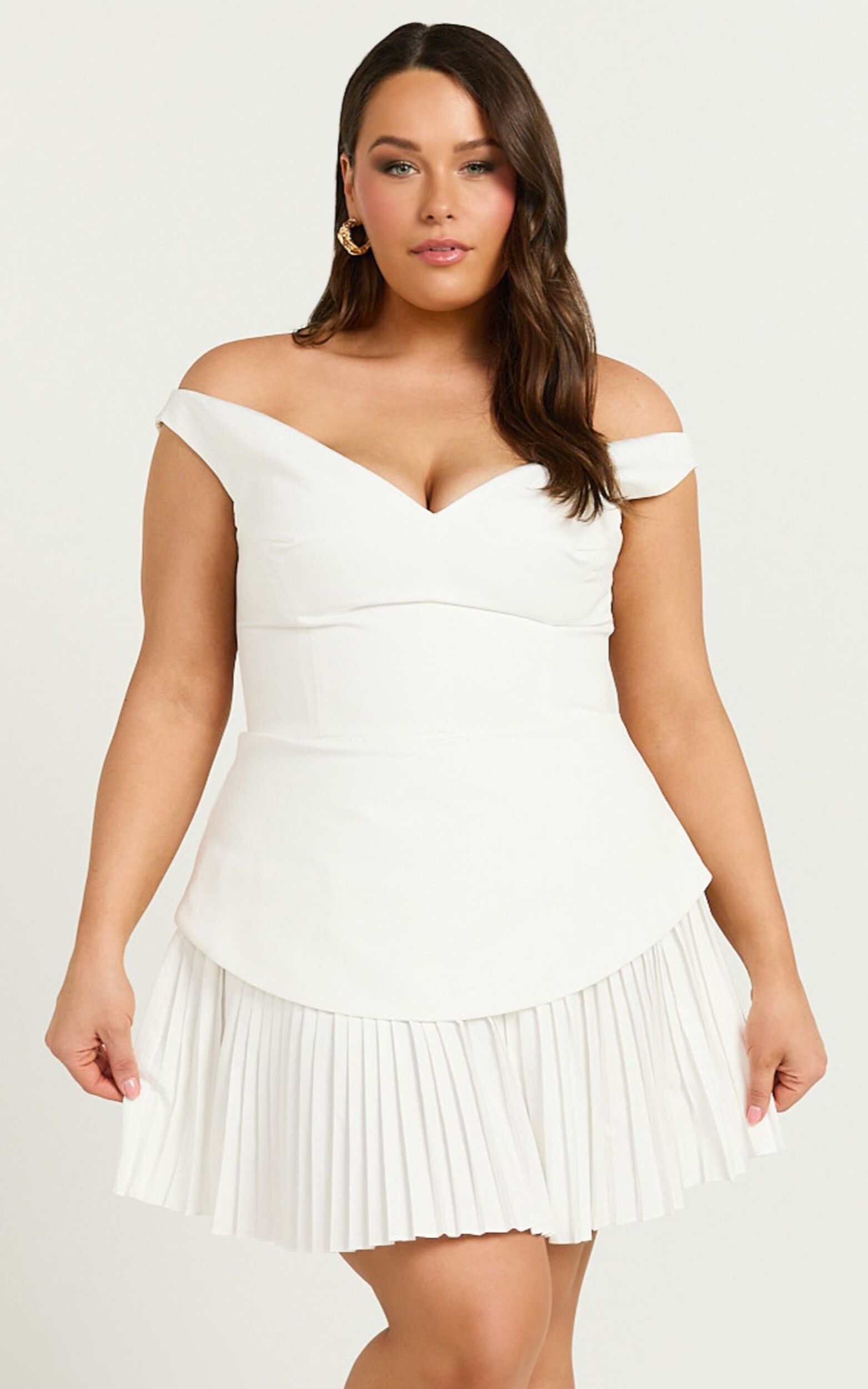 Izara Mini Dress - Off Shoulder Pleated Dress in Off White | Showpo USA