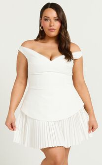 Izara Mini Dress - Off Shoulder Pleated Dress in Off White