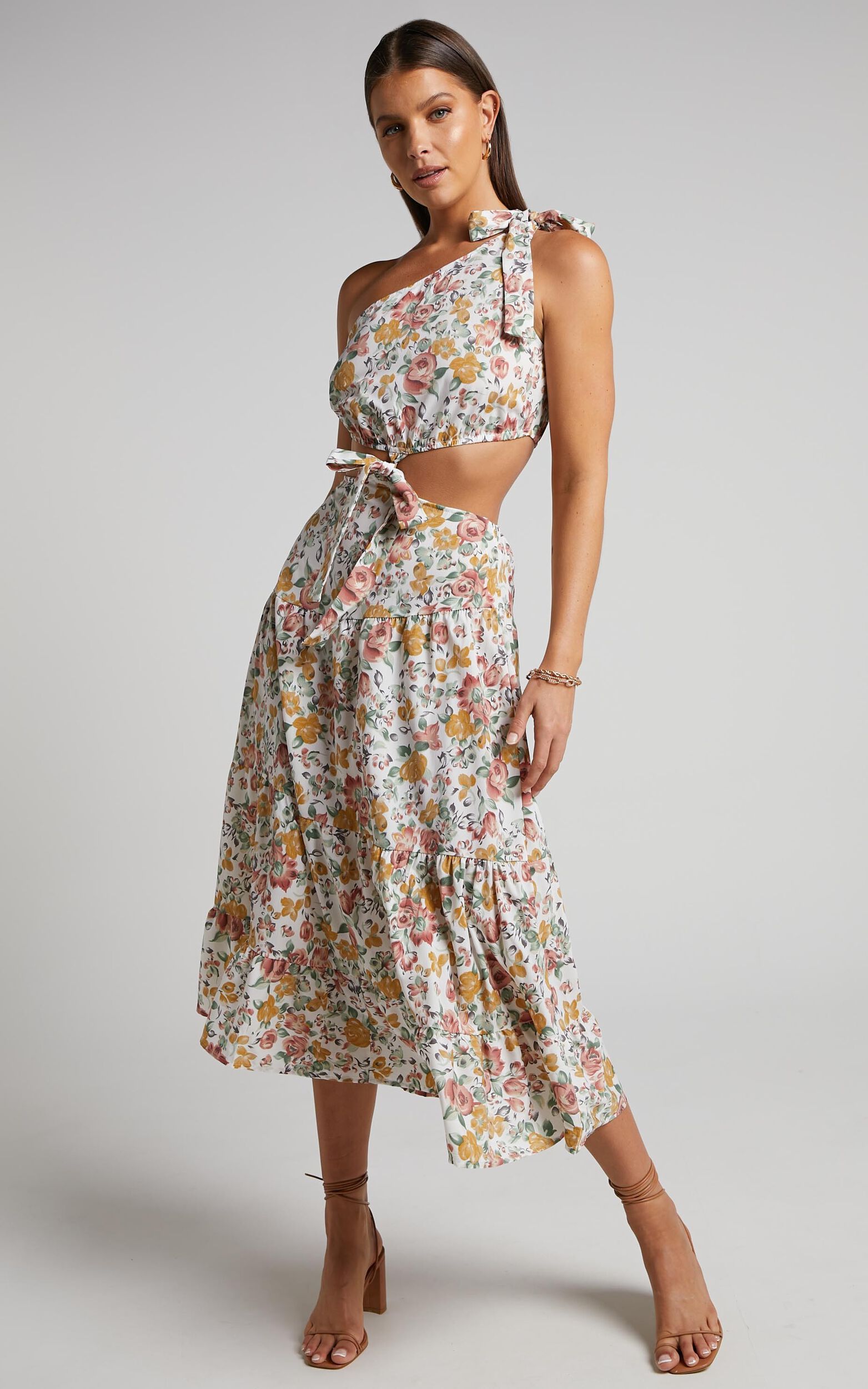Amabella Midi Linen Dress - Tie One Shoulder Cut Out Dress in Caro Multi Floral - L, MLT2