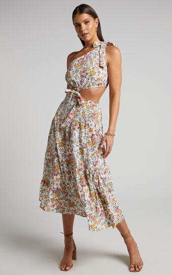 Amabella Midi Linen Blend Dress - Tie One Shoulder Cut Out Dress in Caro Multi Floral