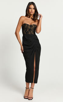 Janet Midi Dress - Strapless Sweetheart Draped Skirt Dress in Black