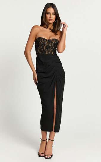 Janet Midi Dress - Strapless Sweetheart Draped Skirt Dress in Black