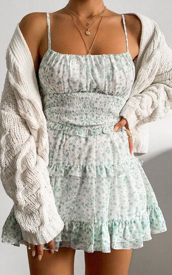 Felicia Shirred Waist Mini Dress In Sage Floral