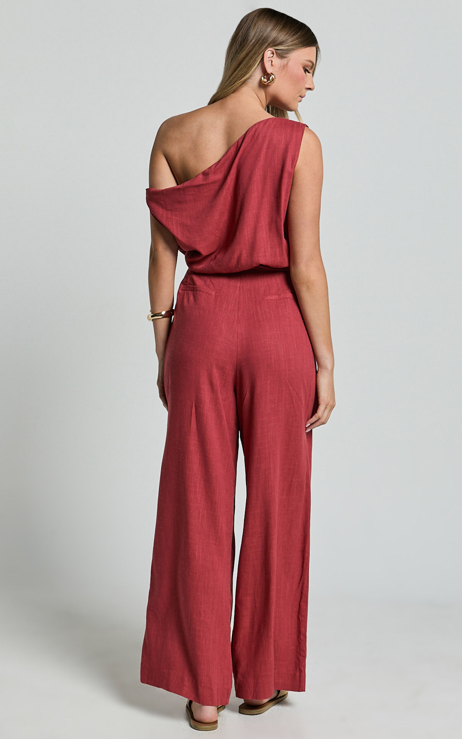 Adria Jumpsuit - Asymmetrical Short Sleeve Linen Jumpsuit in Clay ...