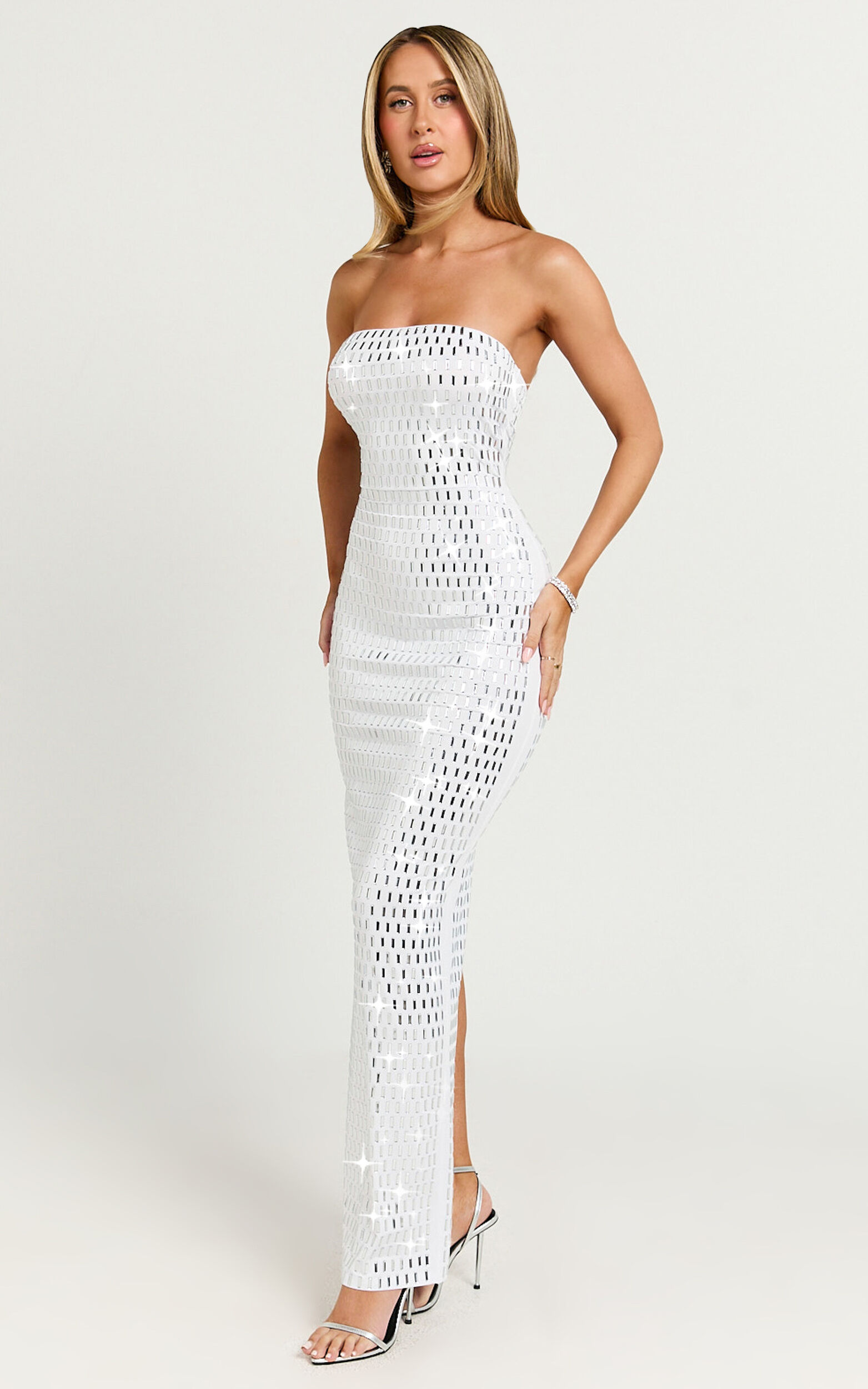 Joyce Maxi Dress - Heat Press Strapless Dress in Silver | Showpo NZ