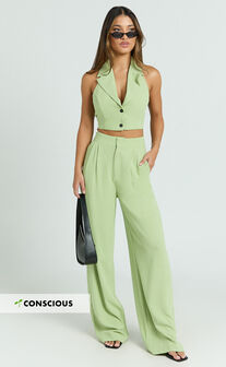 Nellis Two Piece Set - Linen Look Halter Vest and High Waisted Pants Set in Light Green
