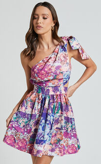Alice Mini Dress - One Shoulder Side Cut Out Dress in Vintage Garden Print