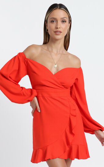 Cant Move On Off Shoulder Mini Dress in Tangerine Linen Look