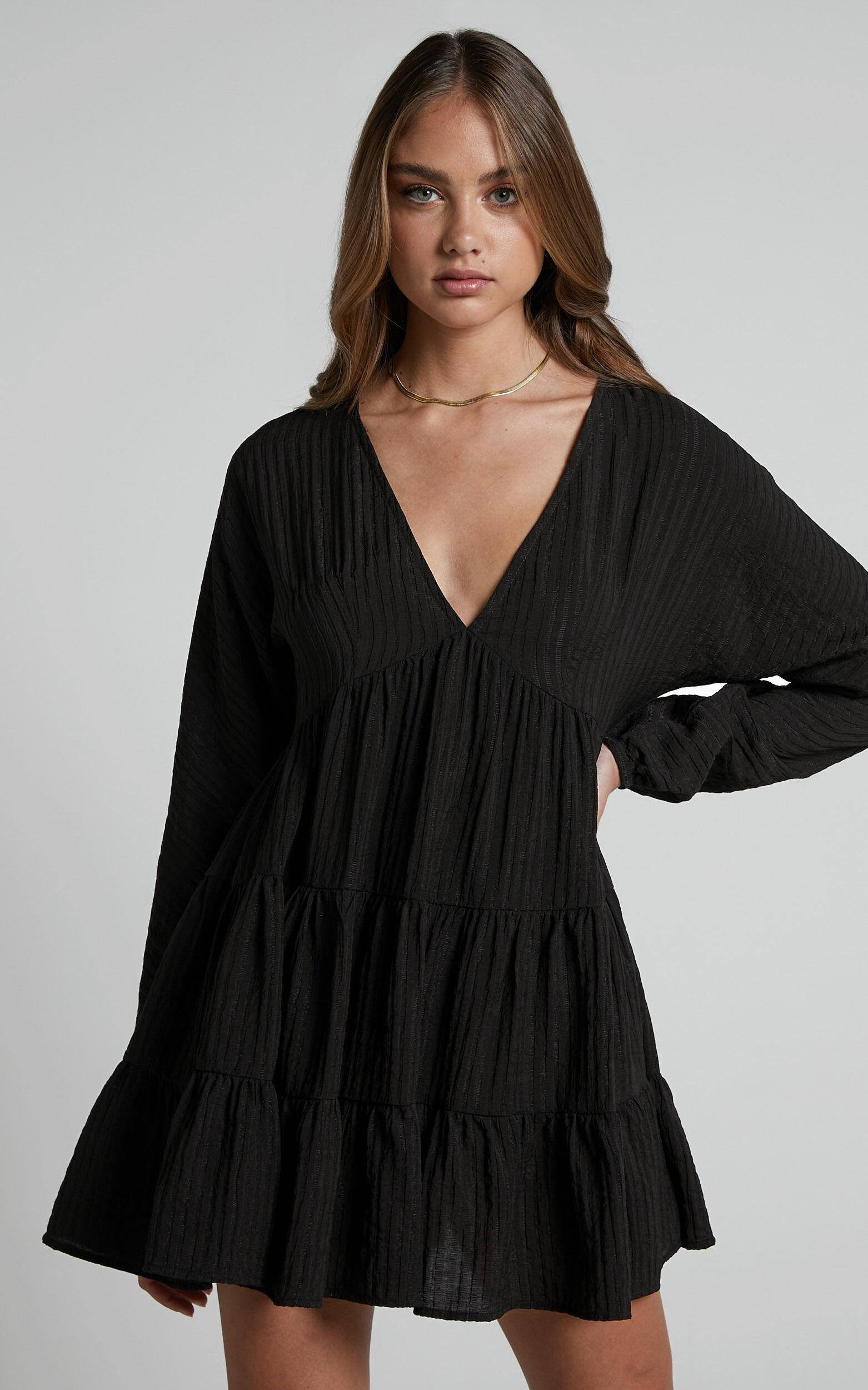V neck long online sleeve mini dress