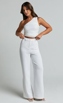 Giles Top - One Shoulder Ruched Mesh Top in White